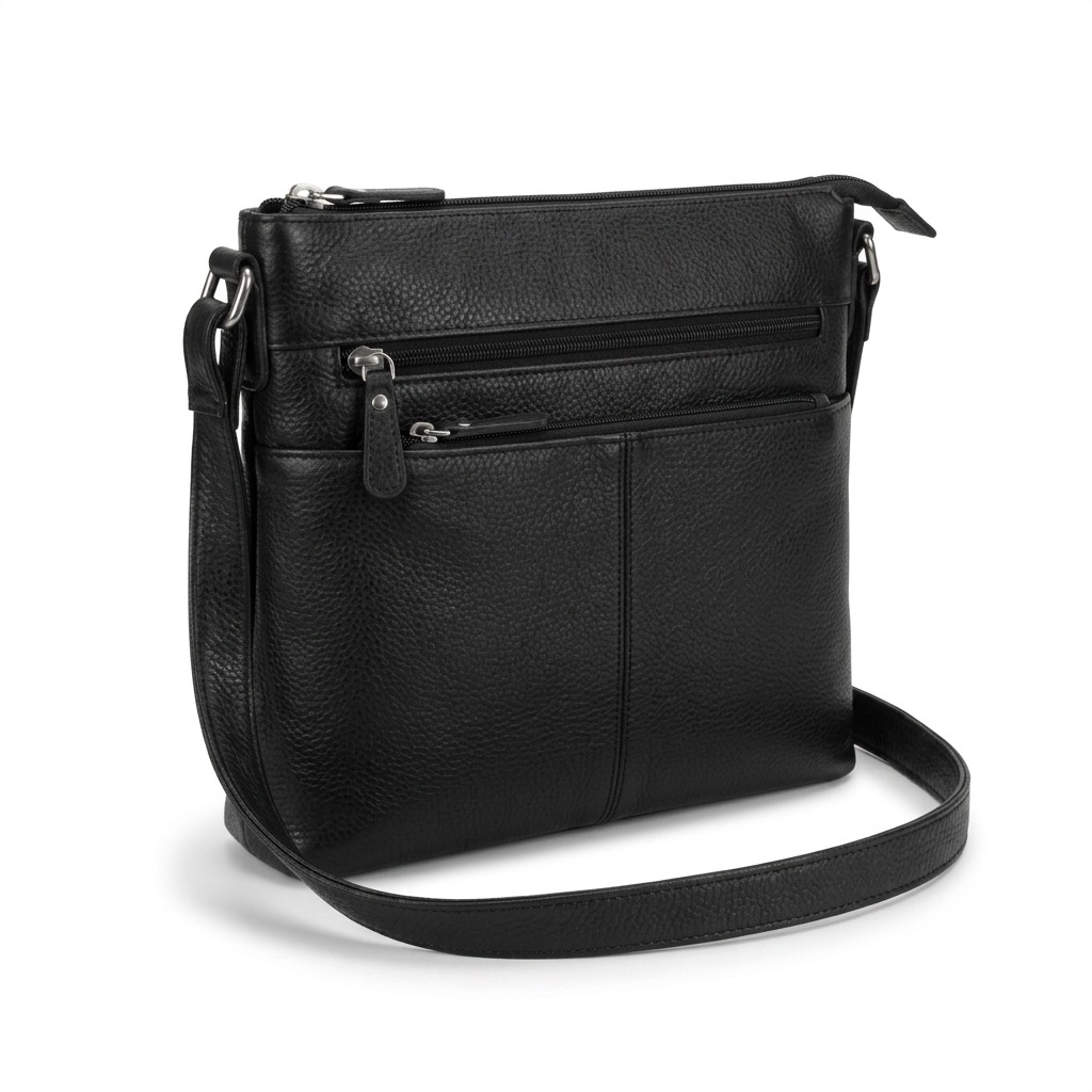 Mancini black top-grain leather crossbody bag with multiple zippered pockets and an adjustable strap.