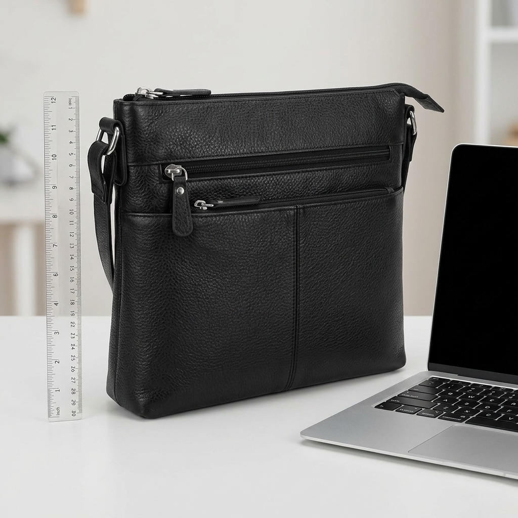 Mancini black top-grain leather crossbody bag with multiple zippered pockets and an adjustable strap.