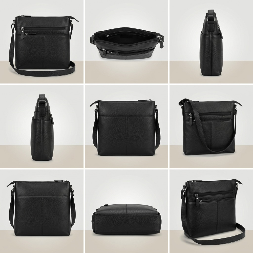 Sac à bandoulière noir Mancini Sheilagh — neuf vues extérieures et intérieures.