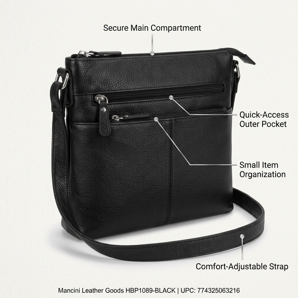Schéma du sac à bandoulière noir Mancini Sheilagh présentant ses poches et sa bandoulière.