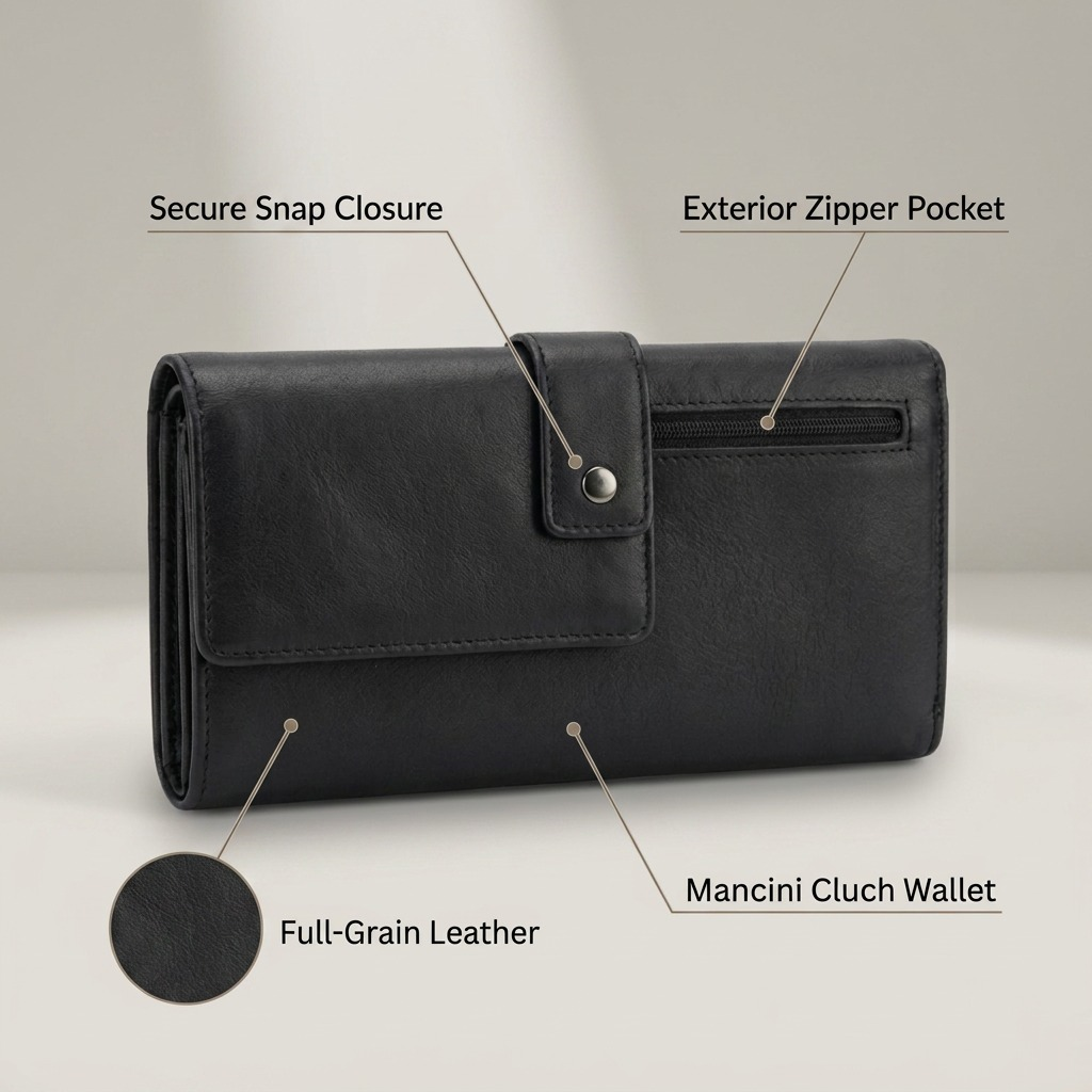 Illustration du portefeuille noir Mancini South Beach présentant sa fermeture, sa poche zippée et la texture du cuir.