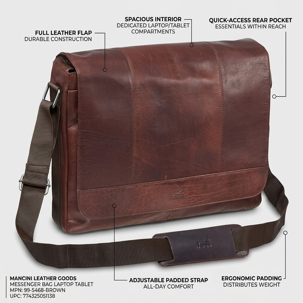 Brown Mancini Buffalo Collection leather messenger bag with adjustable shoulder strap and logo.