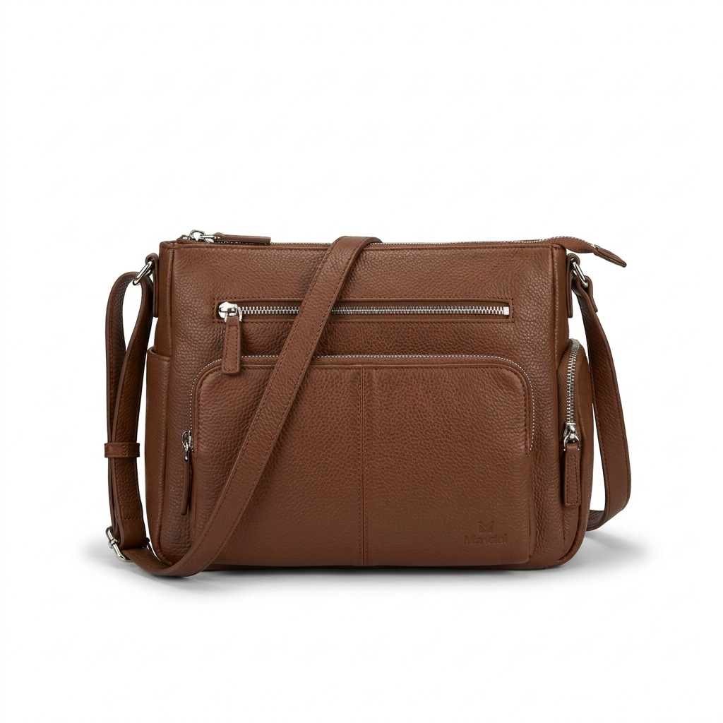 Mancini Leather Goods June Crossbody Handbag in Brown, front view.