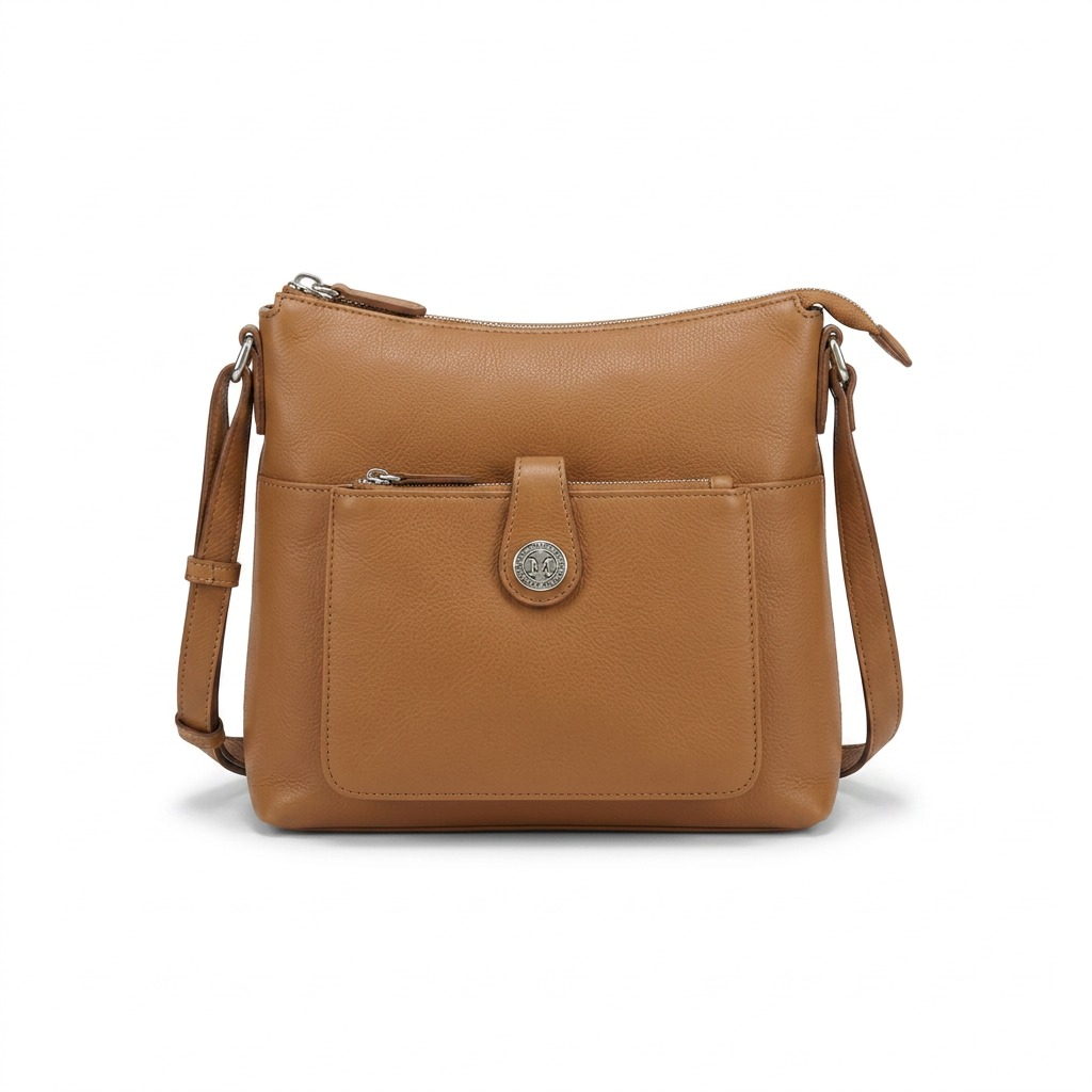 Mancini camel pebbled leather crossbody bag with RFID protection, front zip pocket, and logo emblem.