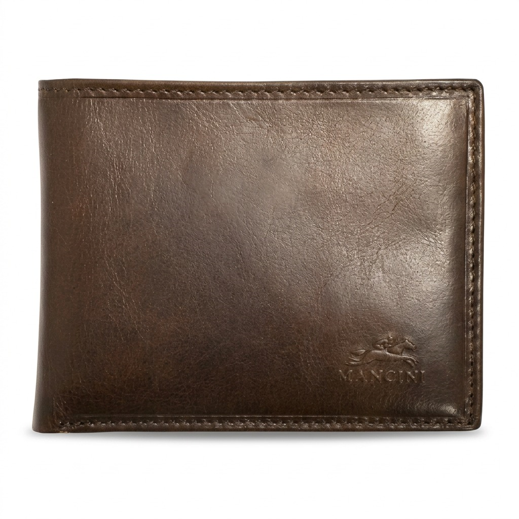 A high-resolution product shot of the dark brown leather Mancini wallet on a pure white background, showcasing its embossed logo.