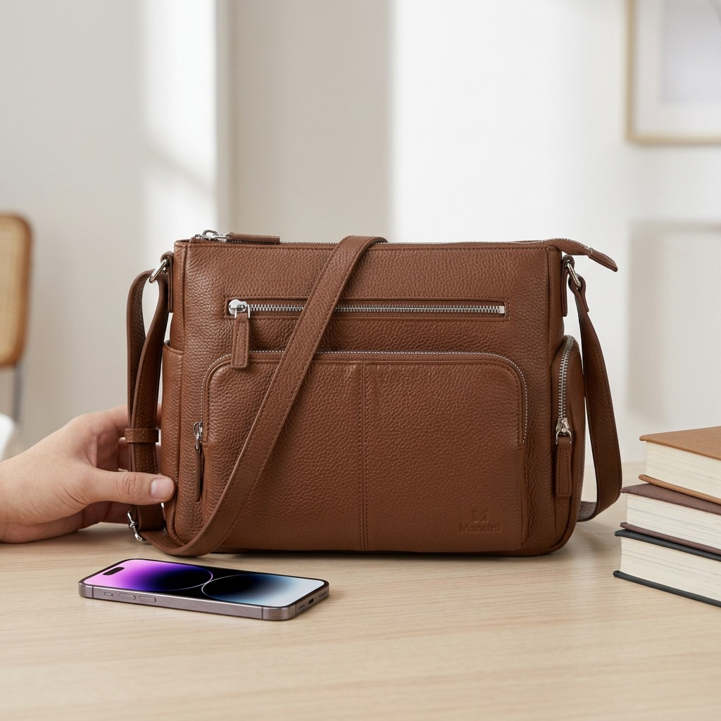 Mancini Leather Goods June Crossbody Handbag in Brown, front view.