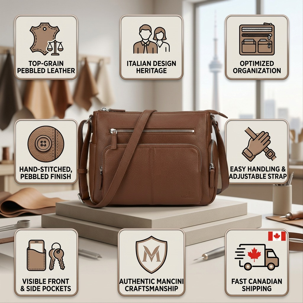 Infographie du sac à bandoulière Mancini June présentant ses caractéristiques et l’emballage.