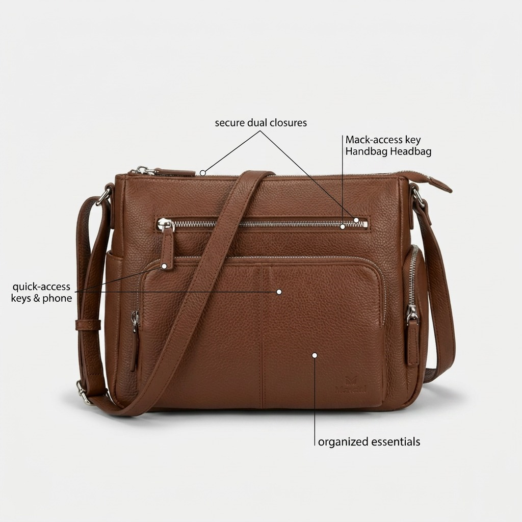 Infographie du sac à bandoulière brun Mancini June : fermetures, poches d’accès rapide et rangements.