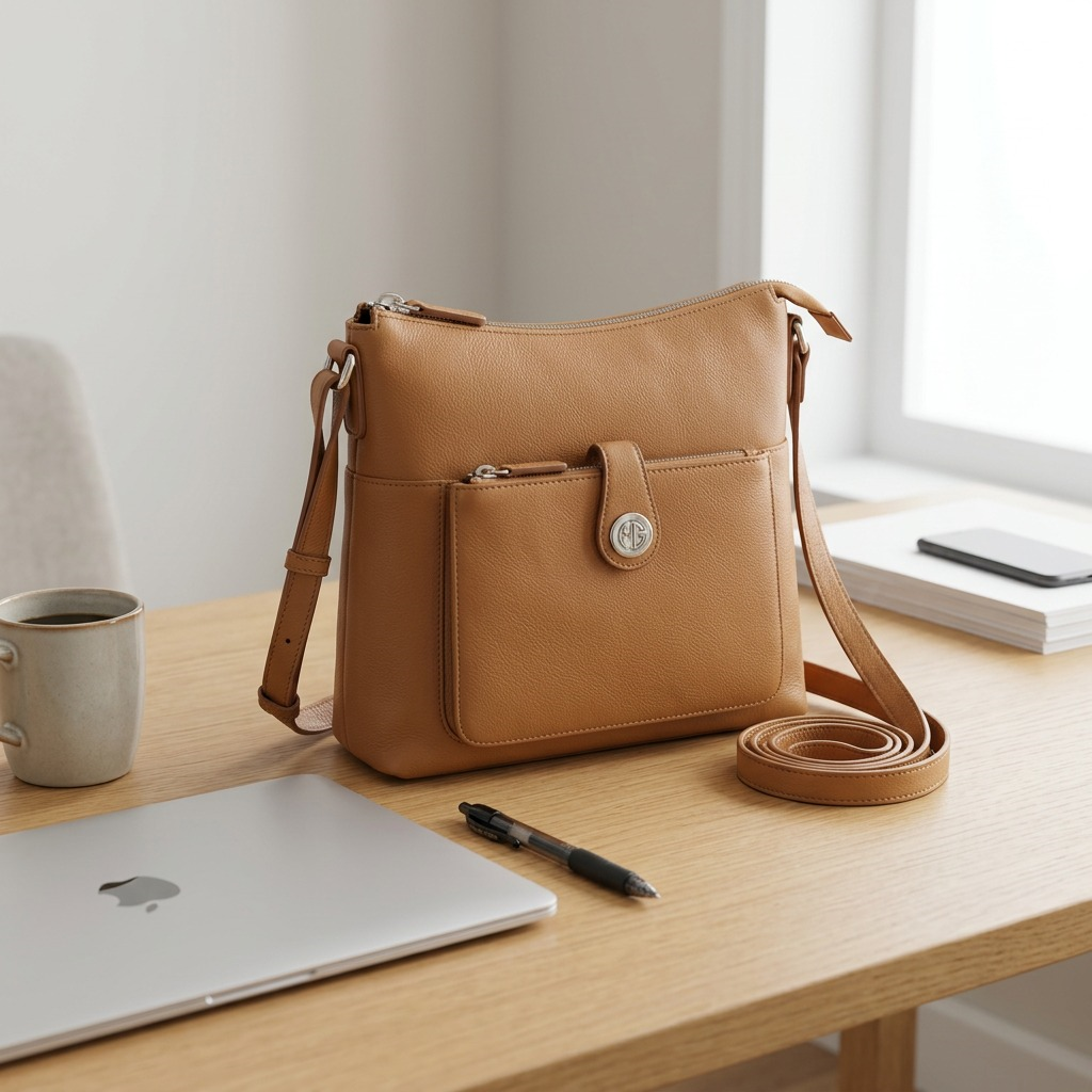 Mancini camel pebbled leather crossbody bag with RFID protection, front zip pocket, and logo emblem.