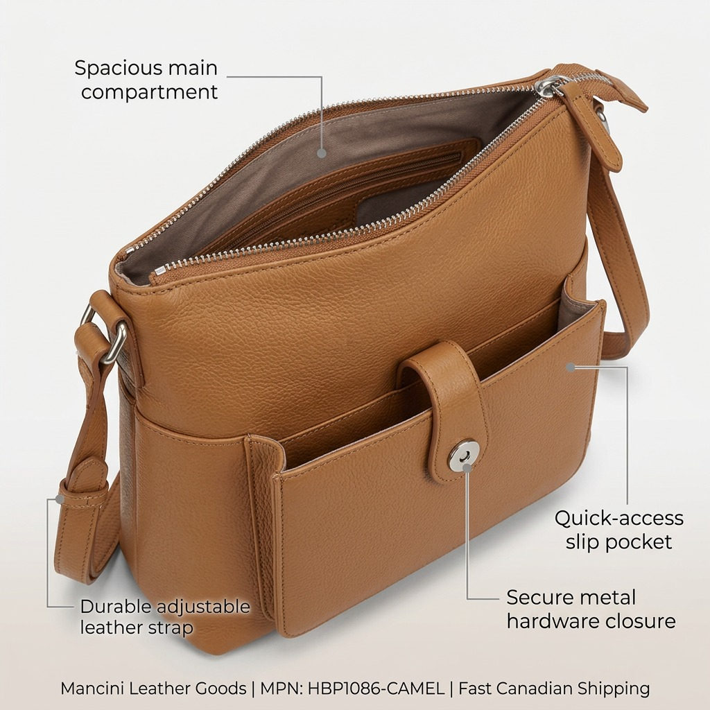 Sac à bandoulière camel Mancini Elizabeth avec indications des poches et du compartiment principal.