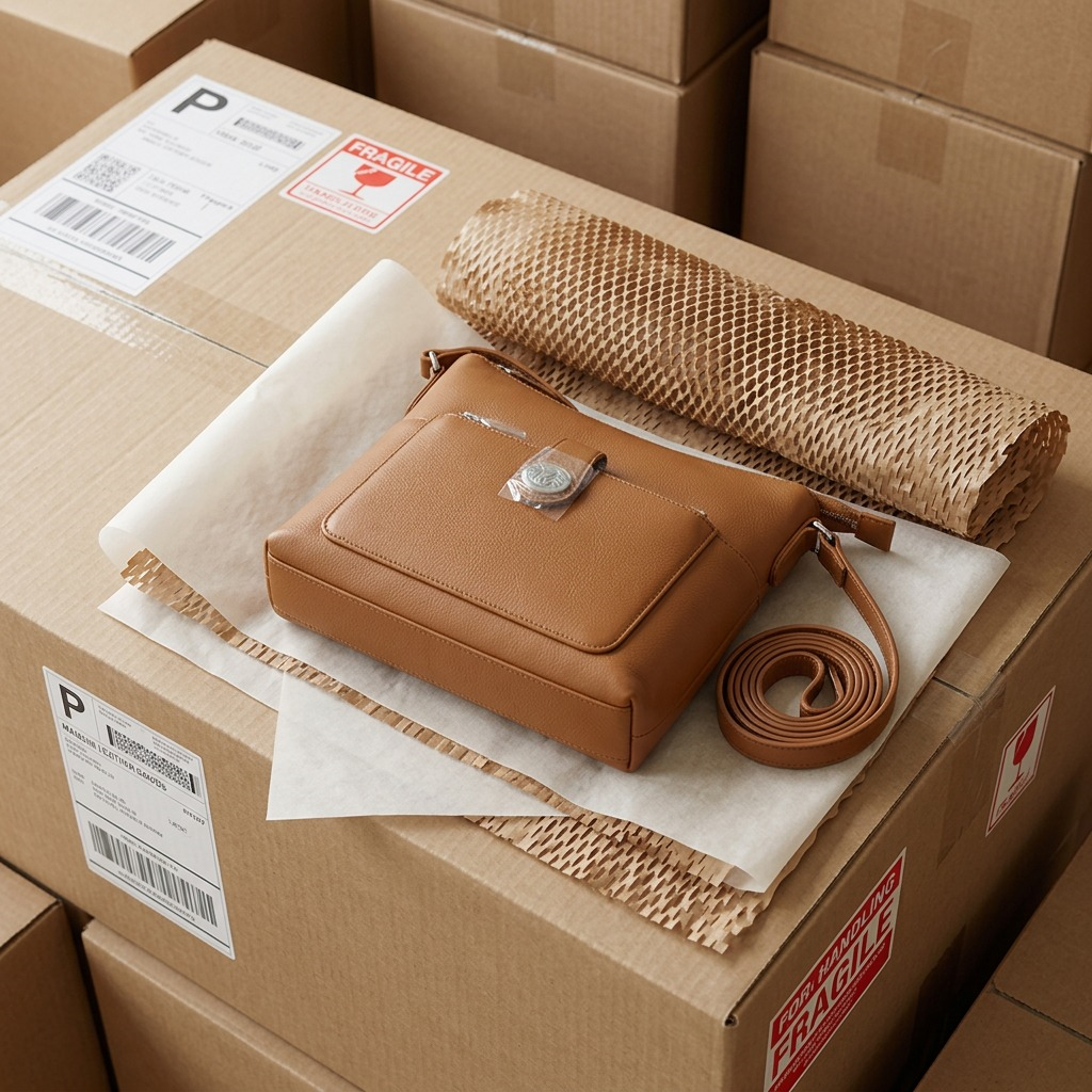Sac à bandoulière camel Mancini Elizabeth pendant son déballage.