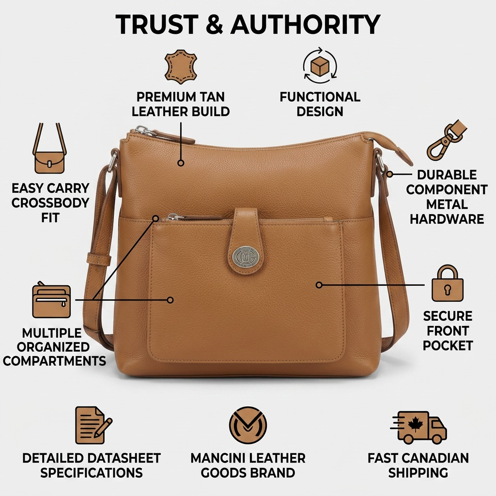 Infographie du sac à bandoulière camel Mancini Elizabeth et de ses rangements.
