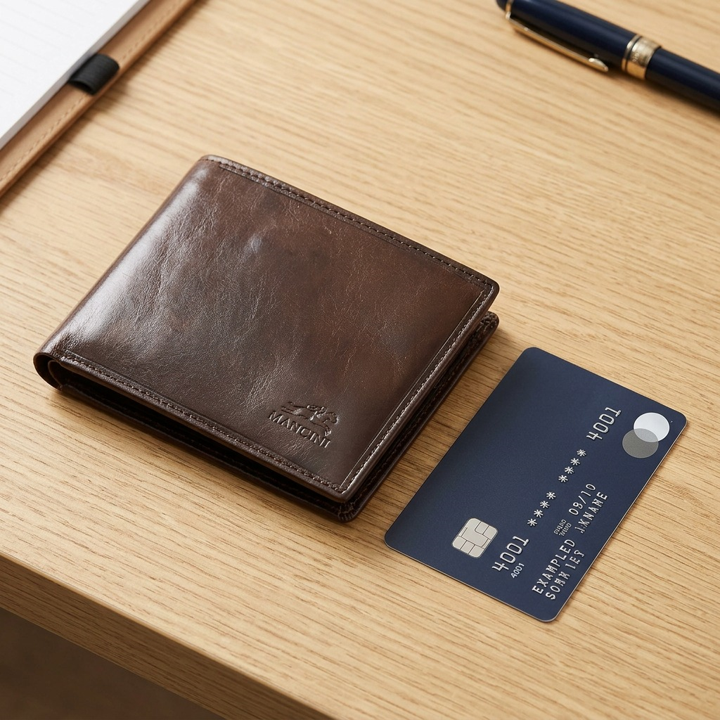 A high-resolution product shot of the dark brown leather Mancini wallet on a pure white background, showcasing its embossed logo.