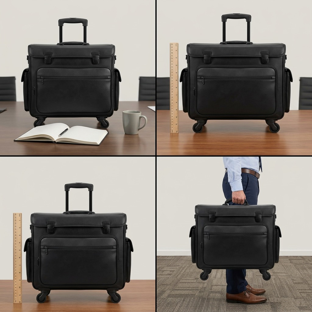 High-resolution ecommerce hero shot of a black leather wheeled catalog case on white background.
