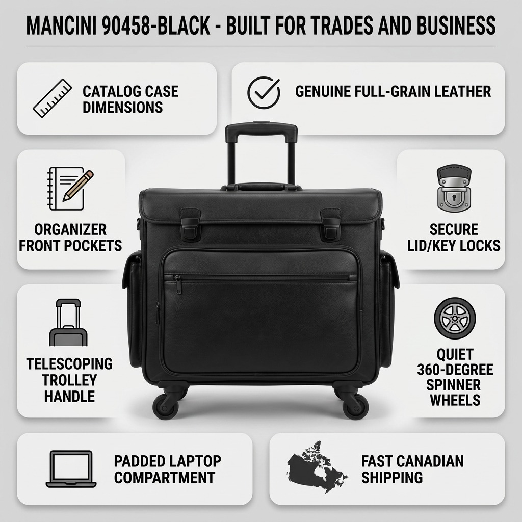Infographie de la valise porte-catalogues à roulettes Mancini présentant huit caractéristiques.