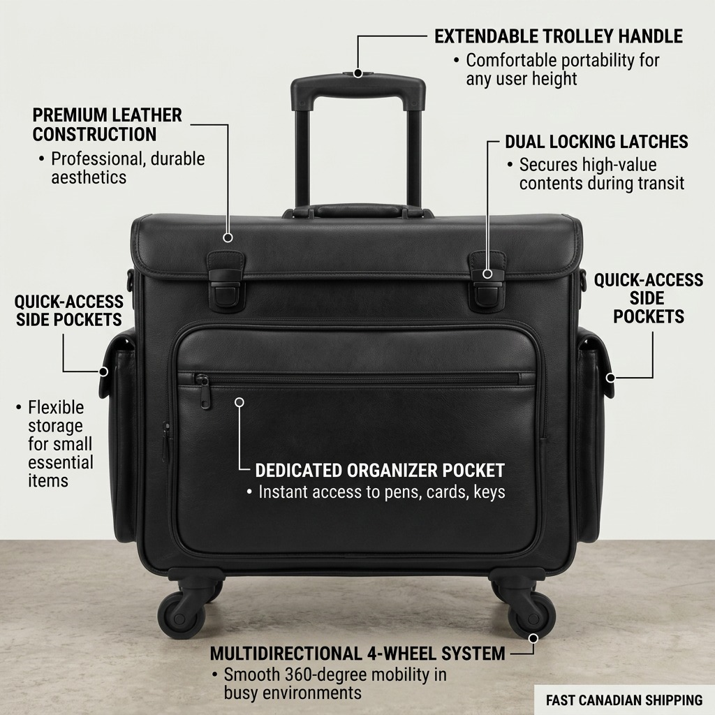 Infographie de la valise porte-catalogues à roulettes Mancini présentant ses caractéristiques.