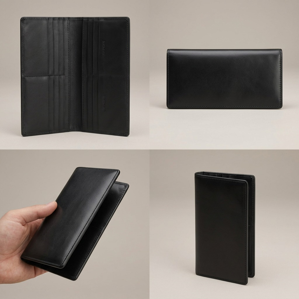 Portefeuille noir Mancini Sonoma présenté sous quatre angles avec ses fentes pour cartes.