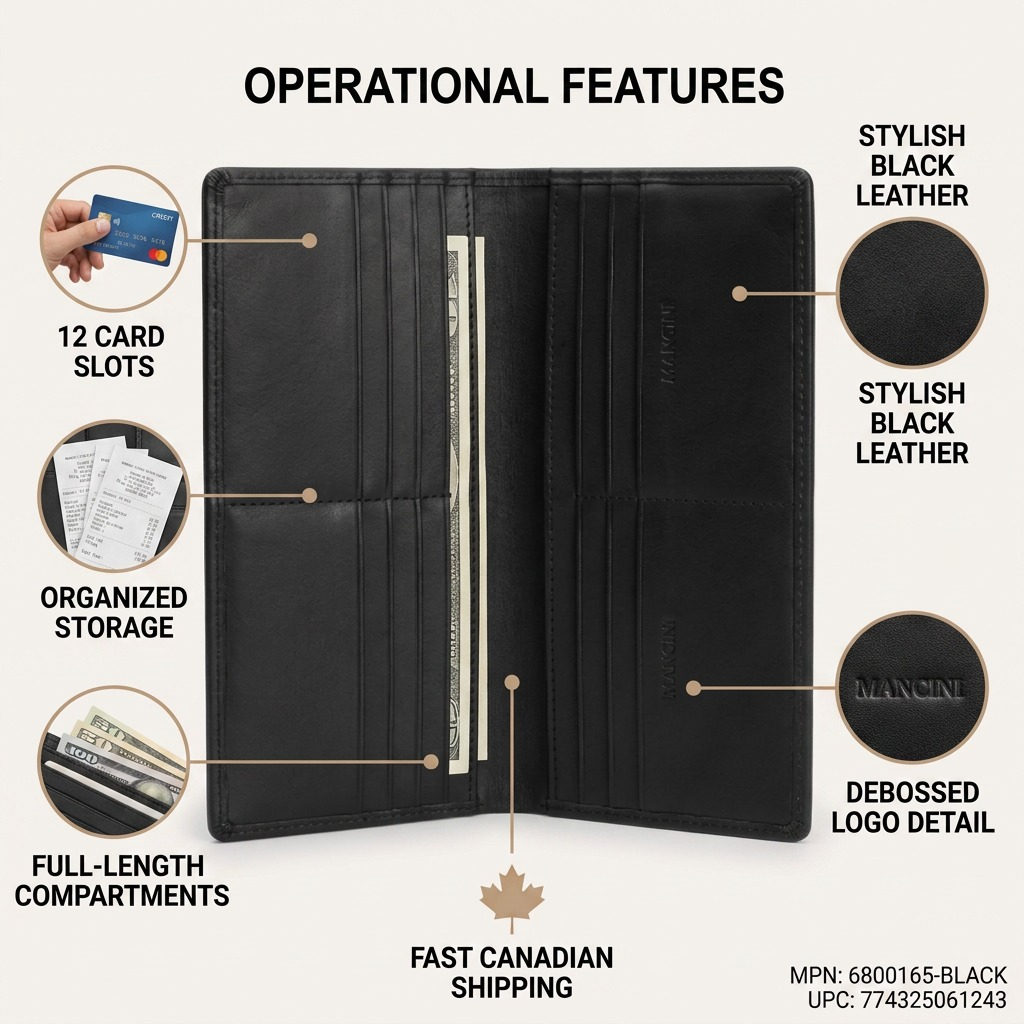 Schéma des rangements et fentes pour cartes du portefeuille noir Mancini Sonoma.