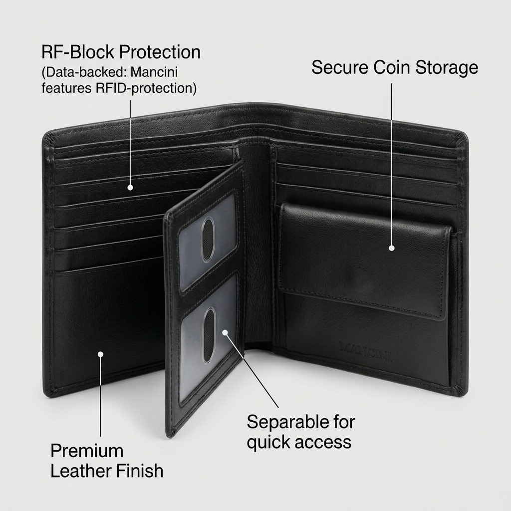 Premium high-resolution hero shot of the open Mancini black leather wallet with removable passage and coin pouch, centered on a pure white background.