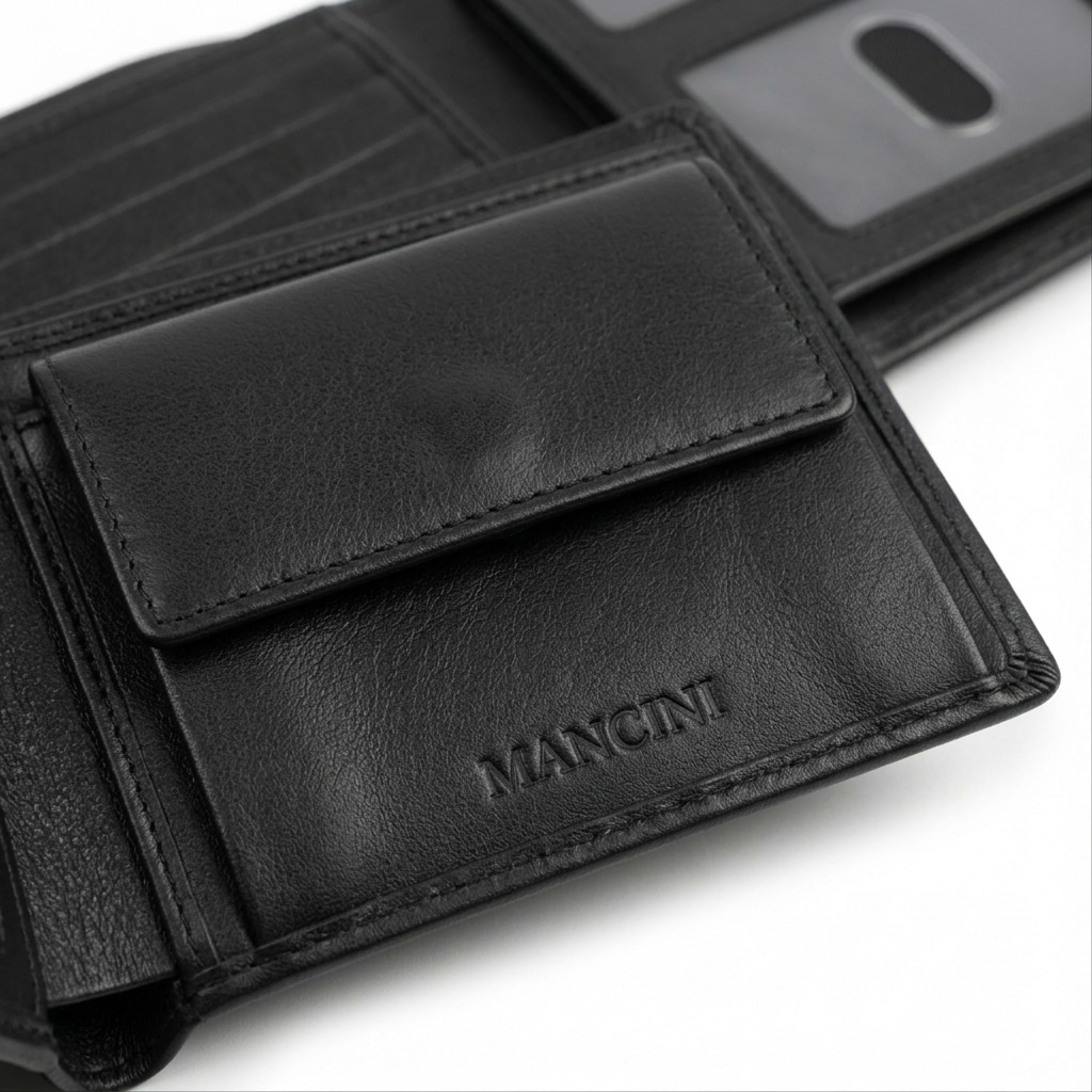 Gros plan sur le logo et les coutures d’un portefeuille noir Mancini.