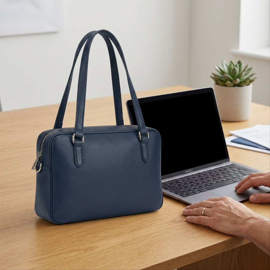 A high-resolution, centered view of the Mancini Leather Goods HBP1082-NAVY pebble leather briefcase.