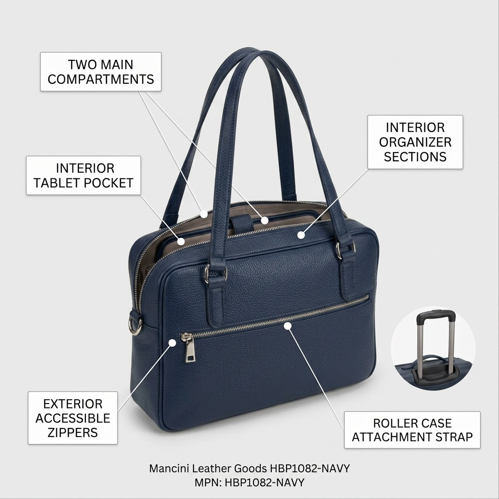Sac à épaule bleu marine Mancini Kelsea avec compartiments de rangement annotés.