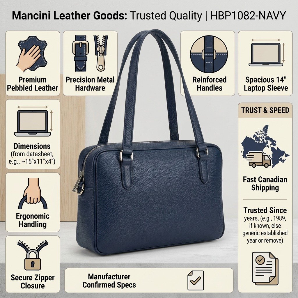 Infographie du sac à épaule Mancini Kelsea présentant ses caractéristiques.