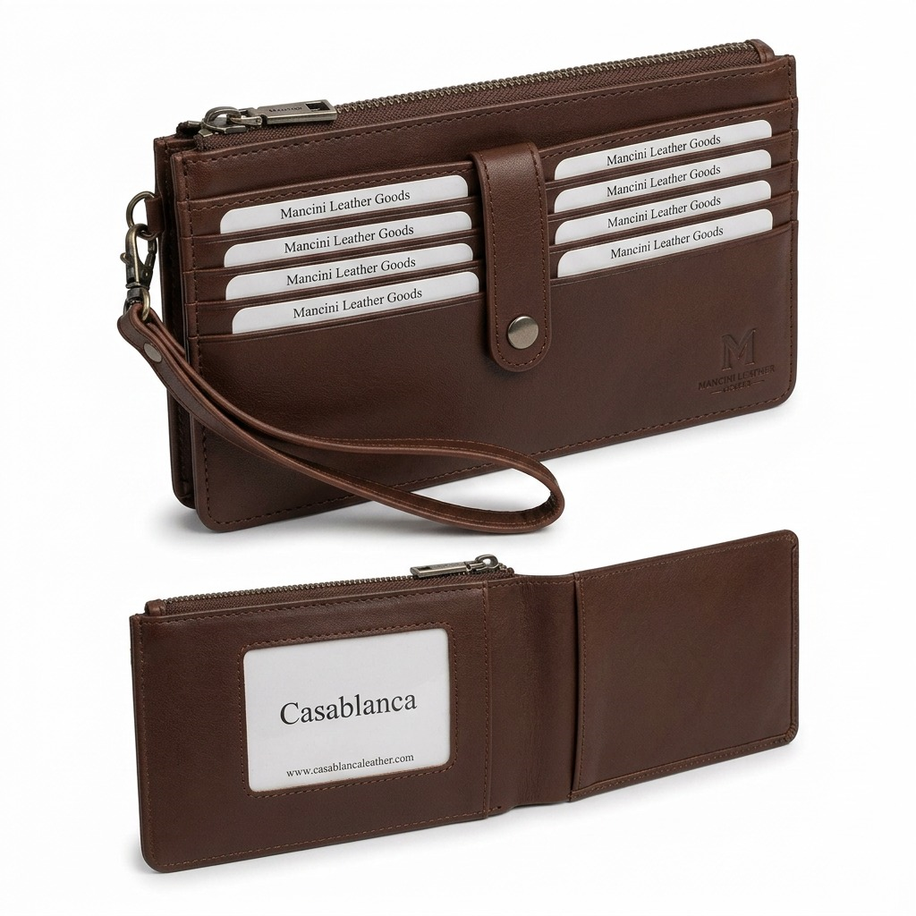 A high-resolution, centered eCommerce hero shot of the Mancini brown leather ladies' wristlet, showcasing its front detail and side profile with the wrist strap.