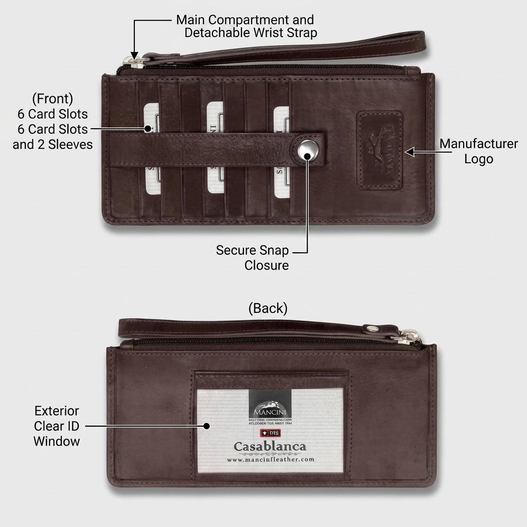 Présentation annotée de la pochette à dragonne brune Mancini 8700207-BROWN et de ses compartiments.