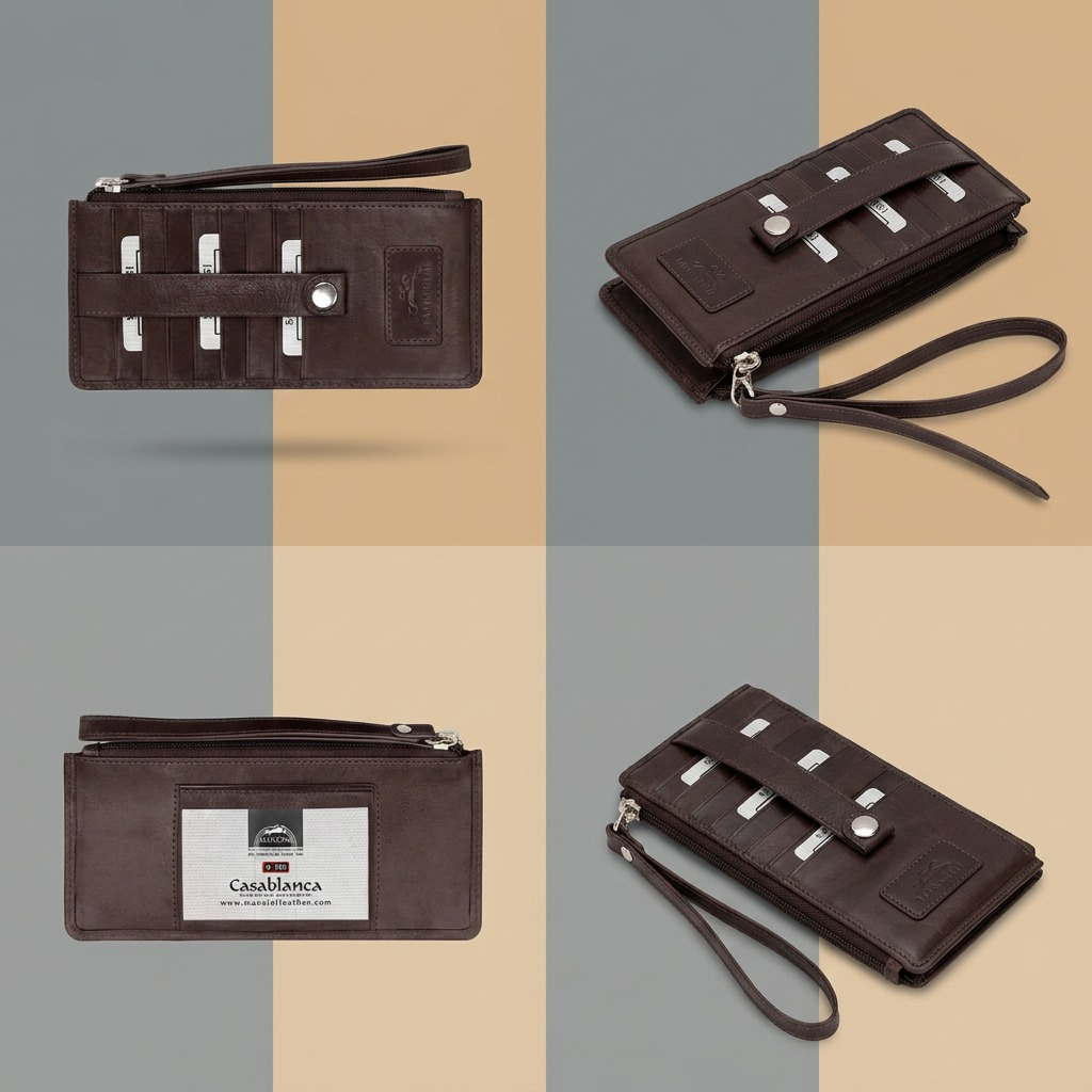 Pochette à dragonne brune Mancini présentée sous différents angles.