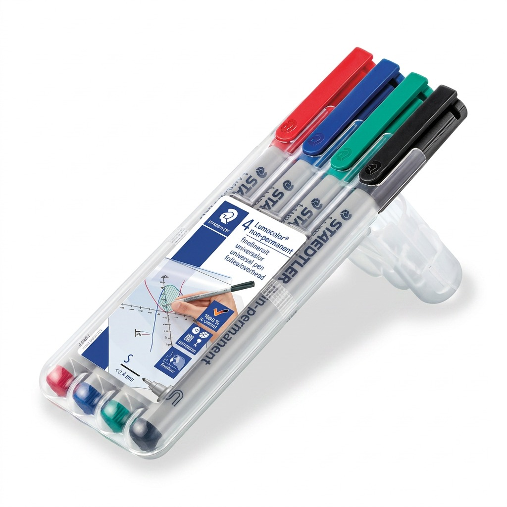STAEDTLER Lumocolor – 4 marqueurs effaçables superfins, réf. 311-WP4-10 — vue du produit sur fond clair
