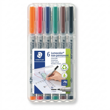 STAEDTLER Lumocolor – 6 marqueurs effaçables moyen, réf. 315-WP6-10 — vue du produit sur fond clair
