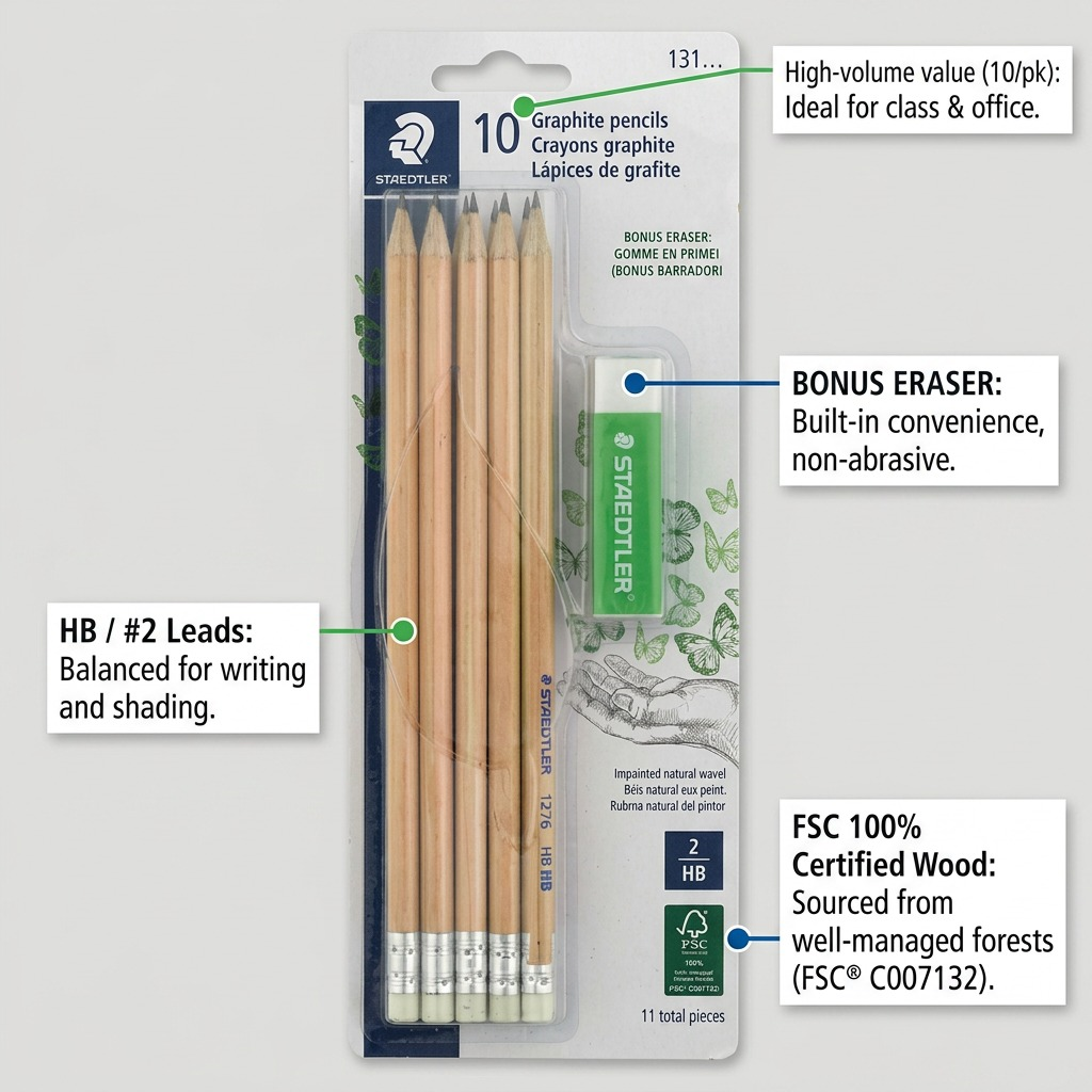 STAEDTLER 10 + 1 crayons ronds HB no 2, réf. 131NSBK1A602 — vue du produit 6