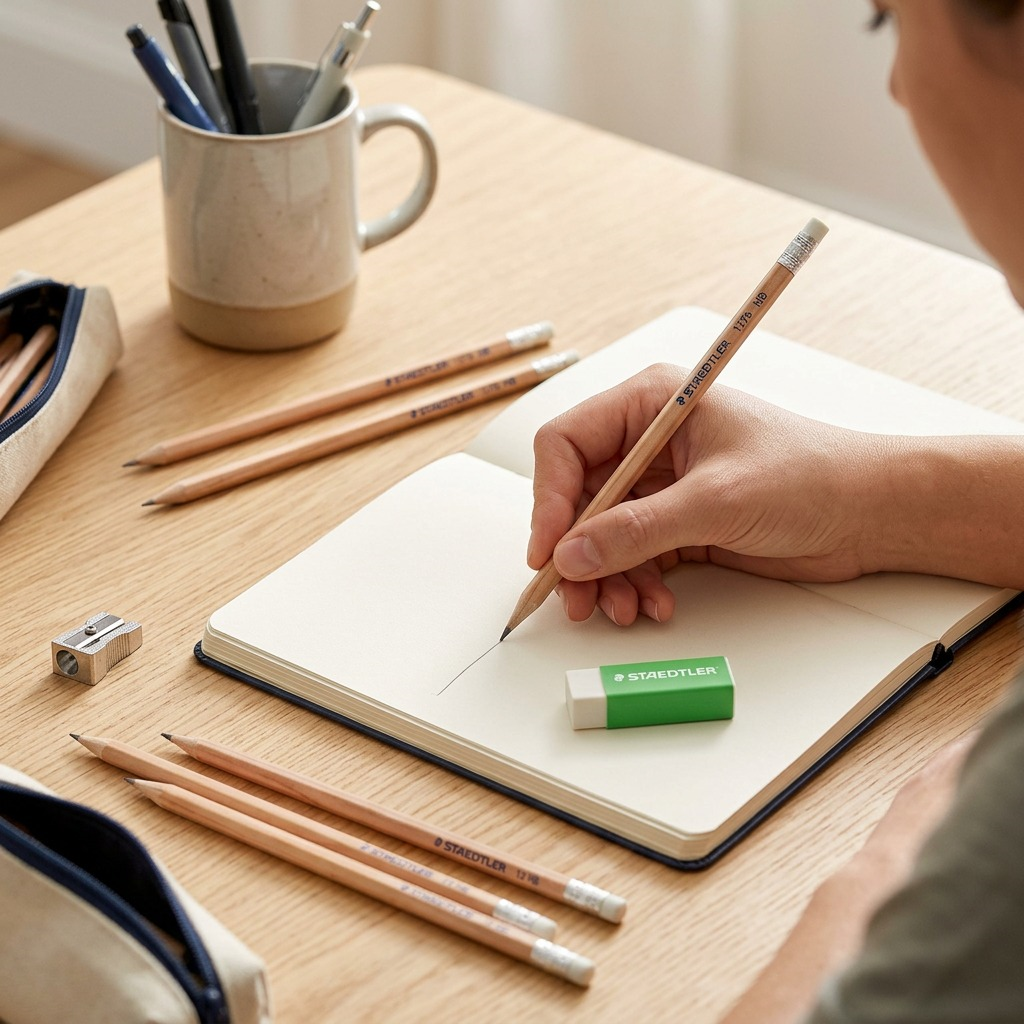 STAEDTLER 10 + 1 crayons ronds HB no 2, réf. 131NSBK1A602 — présentation en utilisation