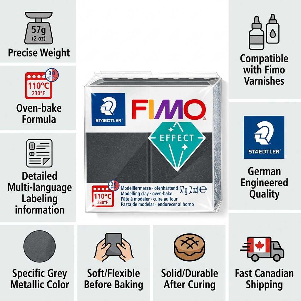 FIMO Effect – Pâte gris métallique 57 g, réf. 8010-91 — caractéristiques illustrées