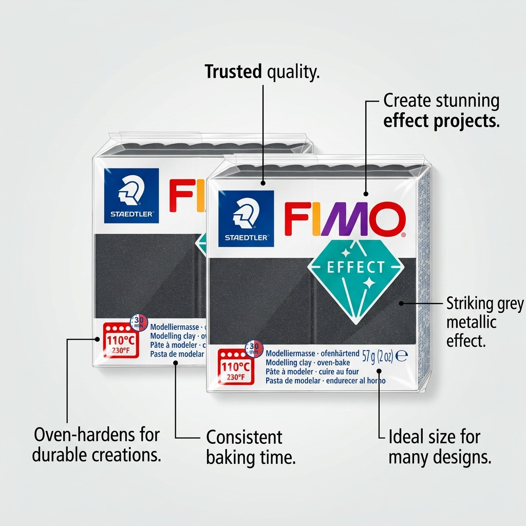 FIMO Effect – Pâte gris métallique 57 g, réf. 8010-91 — caractéristiques illustrées