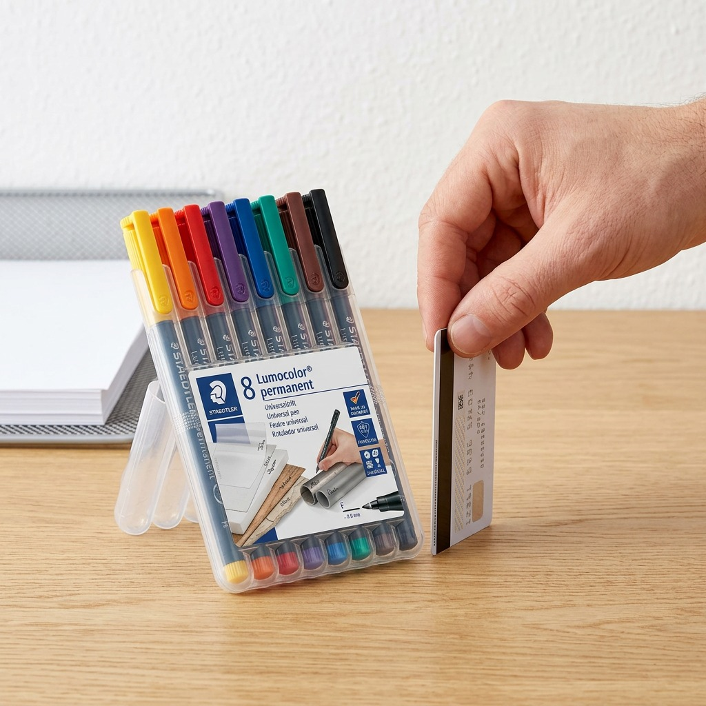 Pure high-resolution photo of the STAEDTLER Lumocolor permanent markers 8-pack standing upright on a seamless white background.
