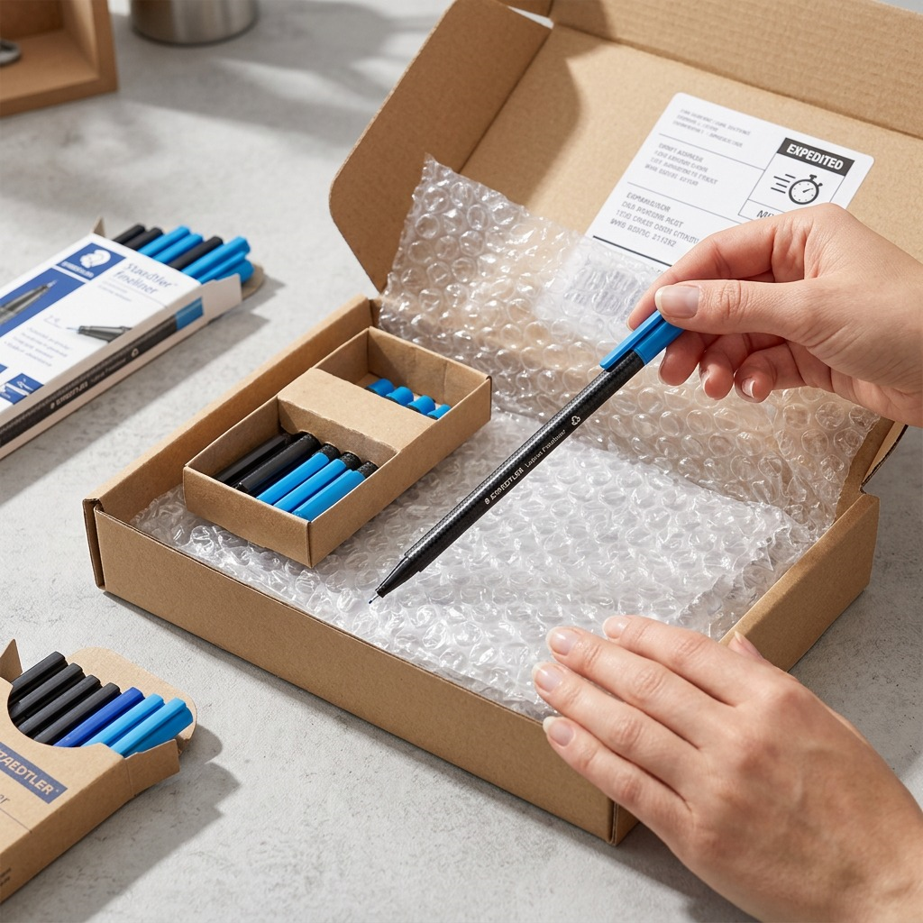 STAEDTLER triplus fineliner – Fineliner bleu clair 0, réf. 334-30-A7 — présentation de l’ensemble et de son emballage