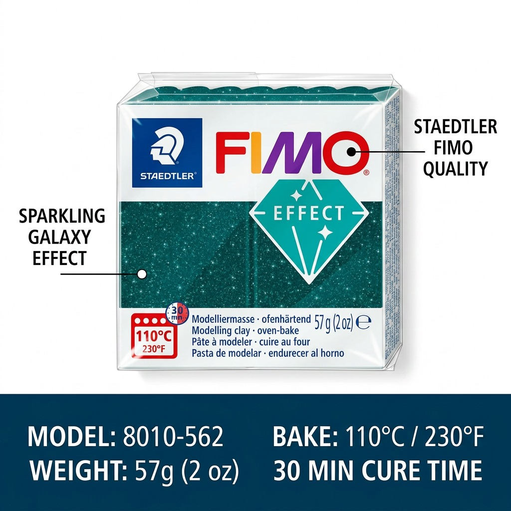 FIMO Effect Galaxy – Pâte verte 57 g, réf. 8010-562 — caractéristiques illustrées