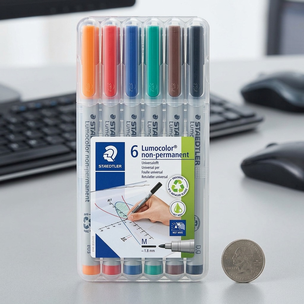 A high-resolution photograph of the STAEDTLER Lumocolor non-permanent 6-pen set on a pure white background.