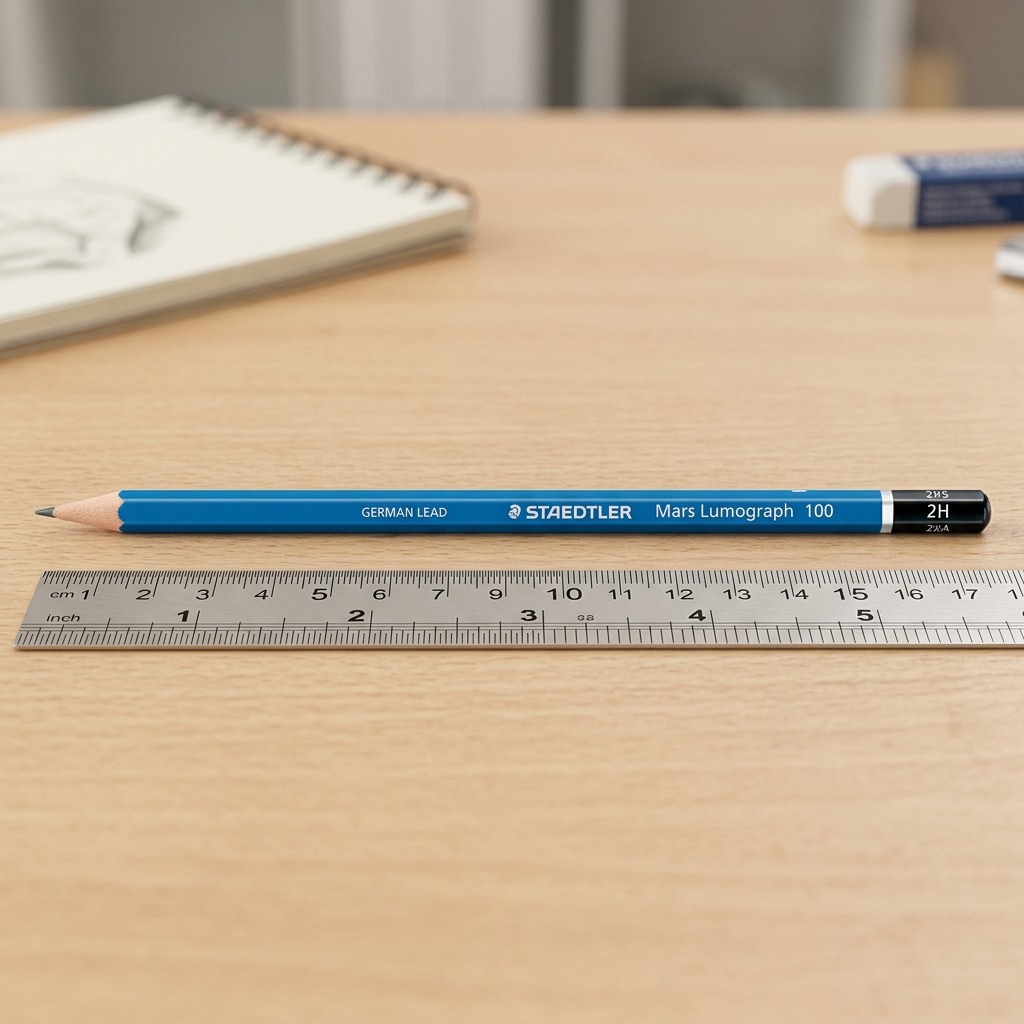 A clean, high-resolution hero photograph of a single blue Staedtler Mars Lumograph 2H drawing pencil, sharply detailed against a pure white background.