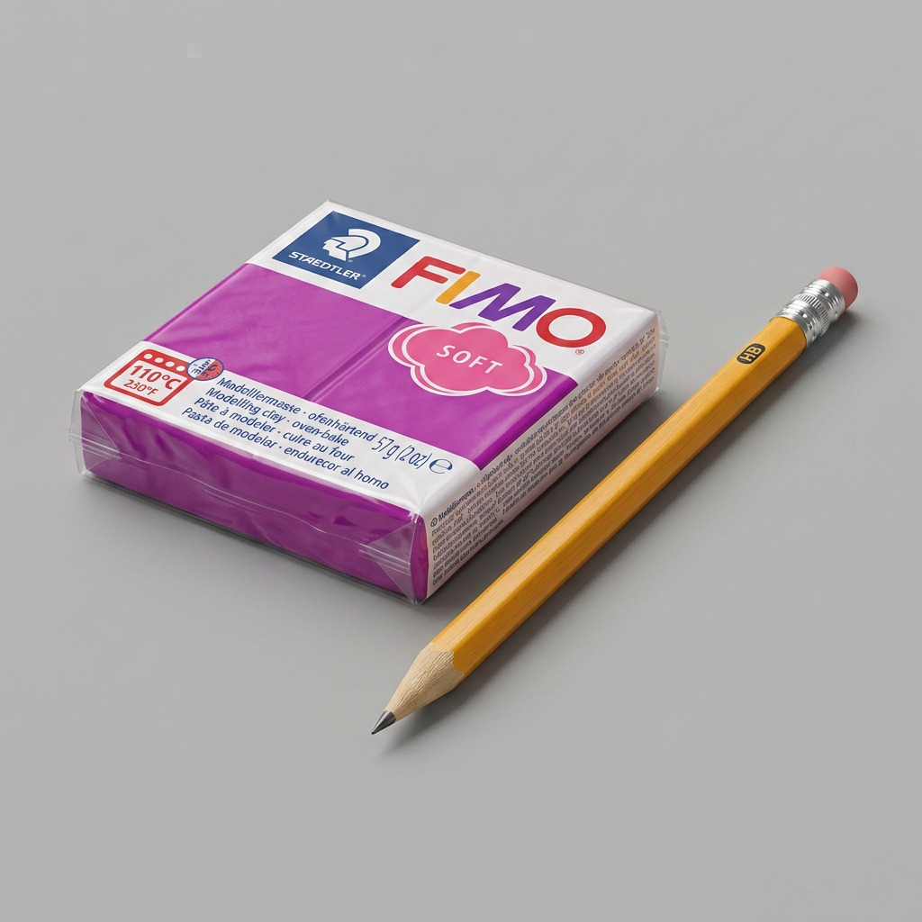 A close-up photograph of one block of STAEDTLER FIMO Soft modelling clay, purpure (purple) color, 57g (2 oz), precisely shaped and proportioned, against a flawless white background, with clean edges and accurate surface texture.