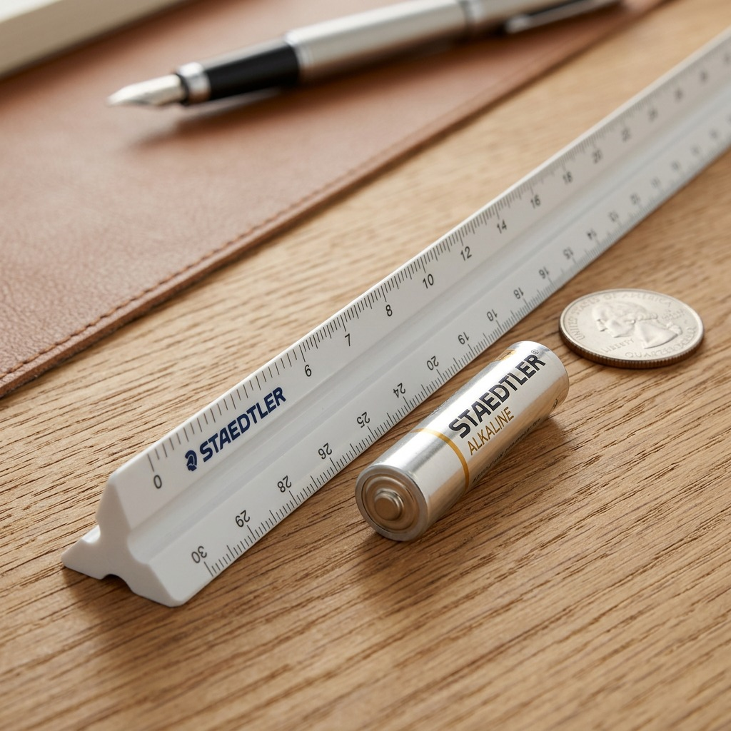 A high-resolution, centered view of the white STAEDTLER 98719-31BK triangular architect's scale ruler.
