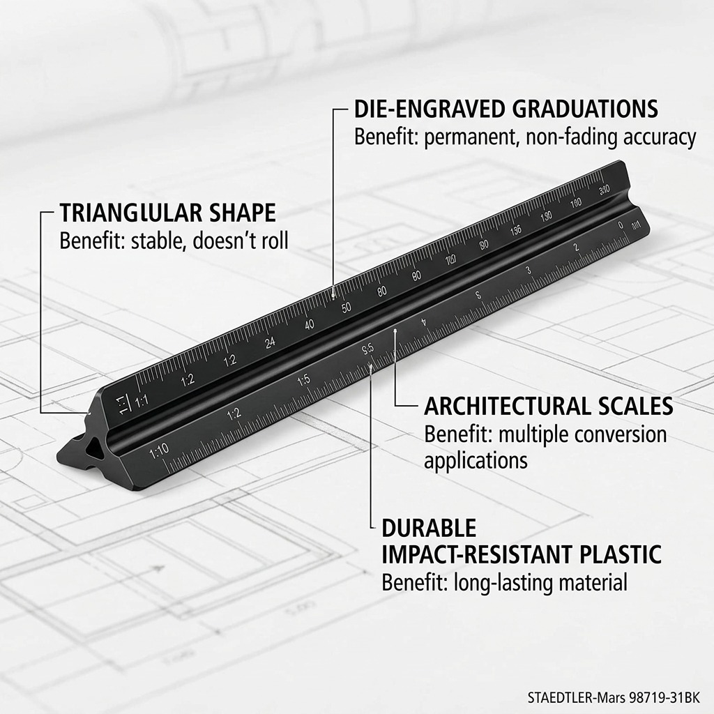 STAEDTLER – Règle triangulaire en plastique, réf. 98719-31BK — caractéristiques illustrées