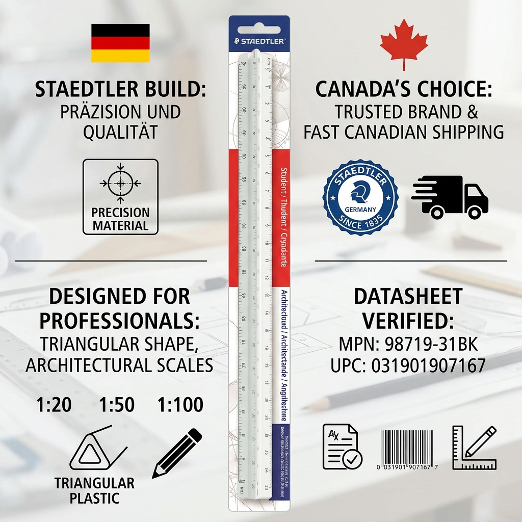 STAEDTLER – Règle triangulaire en plastique, réf. 98719-31BK — caractéristiques illustrées