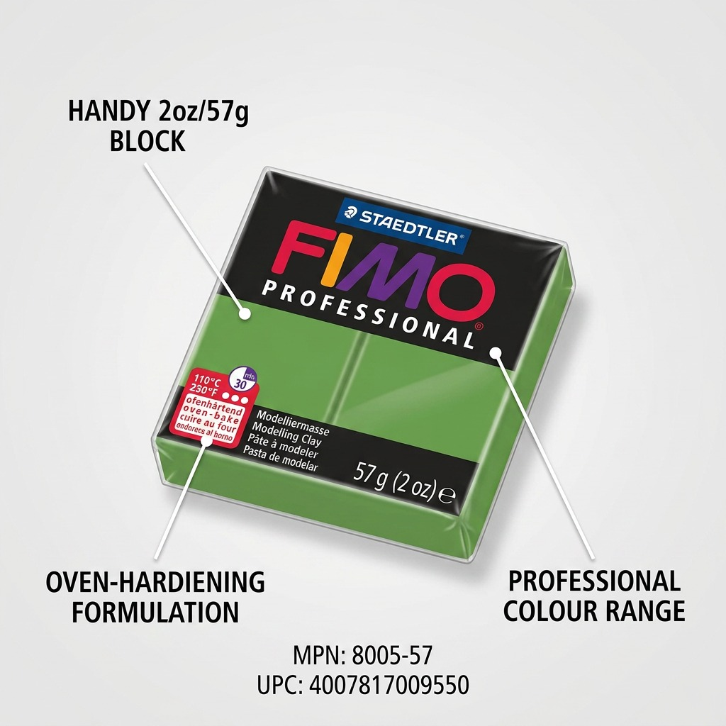 FIMO Professional – Pâte vert feuille 57 g, réf. 8005-57 — caractéristiques illustrées