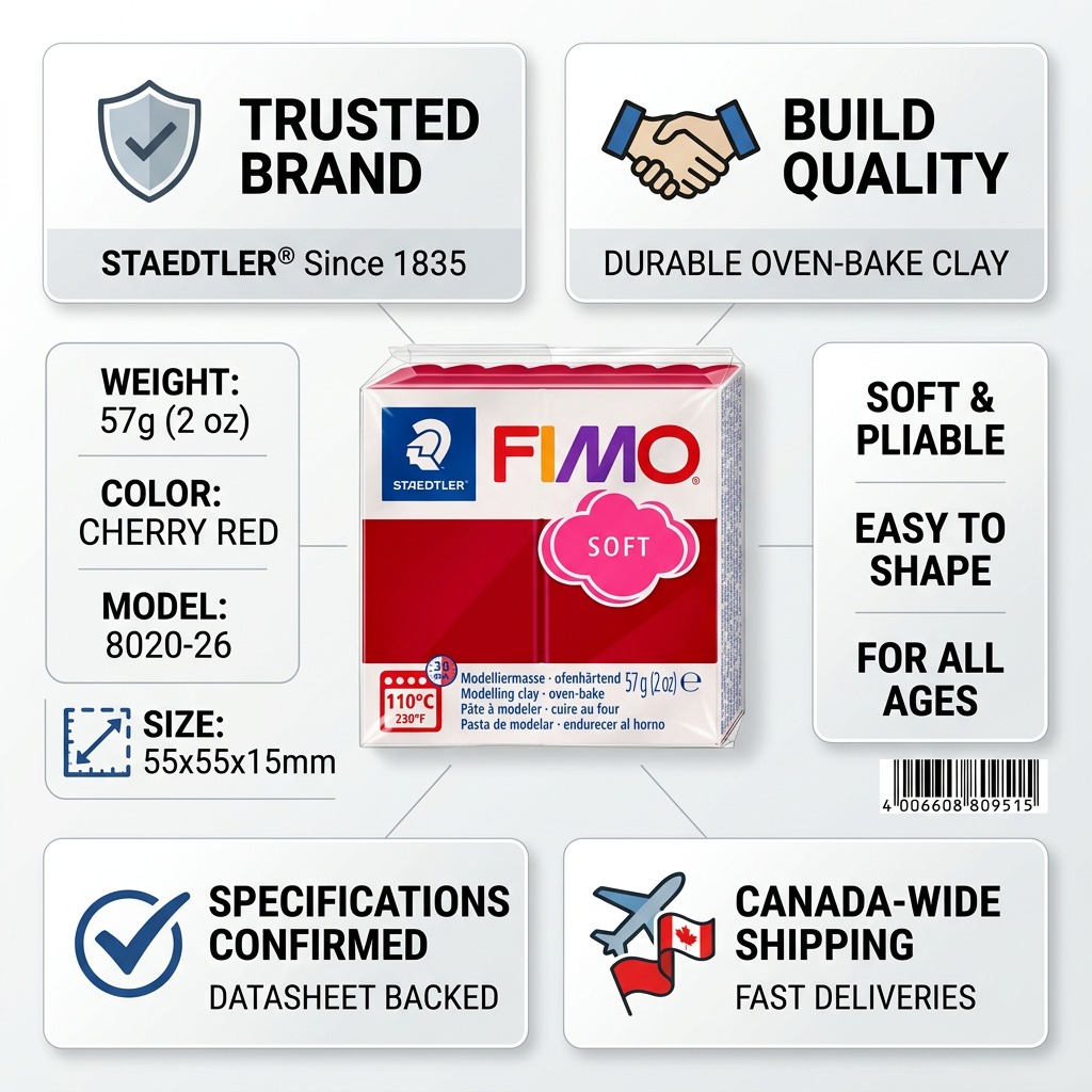 FIMO Soft – Pâte rouge cerise 57 g, réf. 8020-26 — caractéristiques illustrées