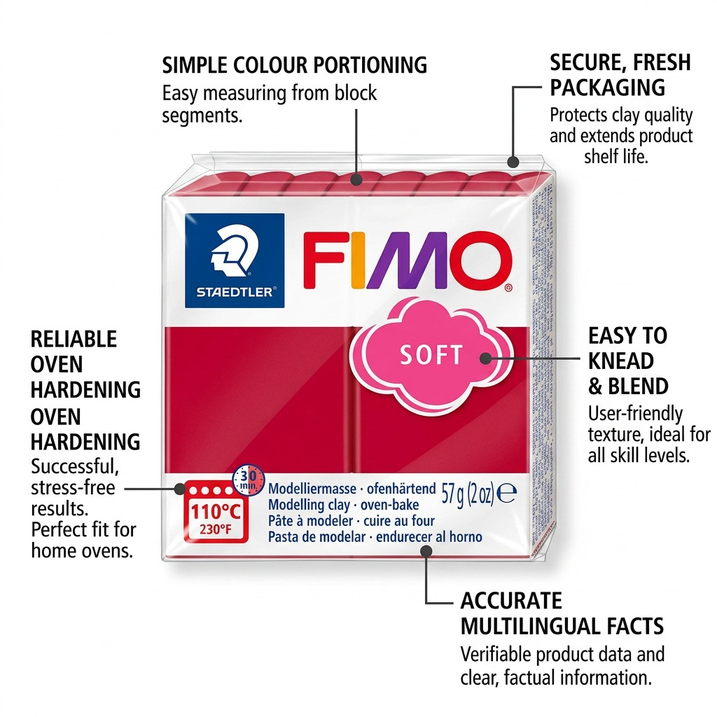 FIMO Soft – Pâte rouge cerise 57 g, réf. 8020-26 — caractéristiques illustrées