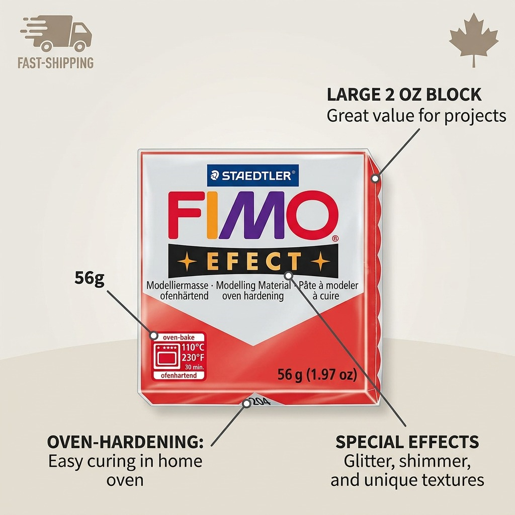 FIMO Effect – Pâte rouge 57 g, réf. 8020-204 — caractéristiques illustrées