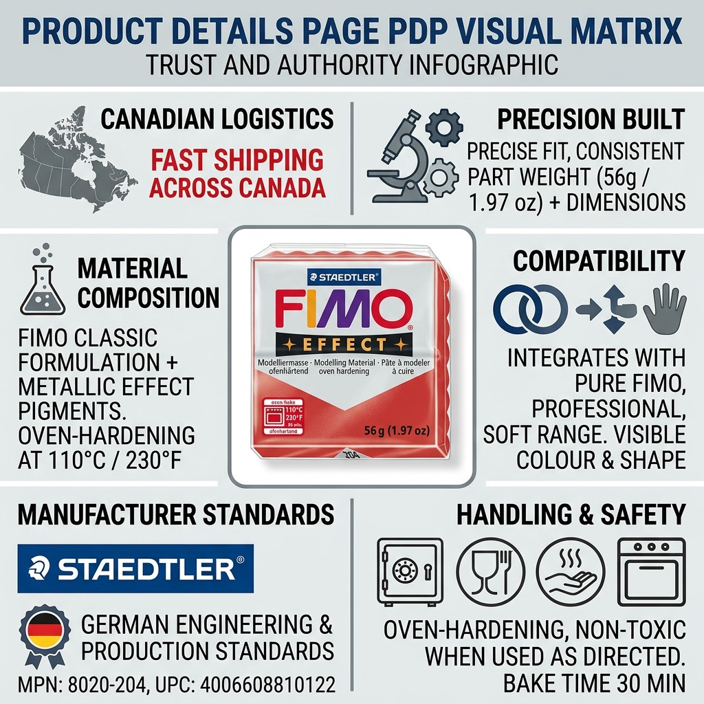 FIMO Effect – Pâte rouge 57 g, réf. 8020-204 — caractéristiques illustrées